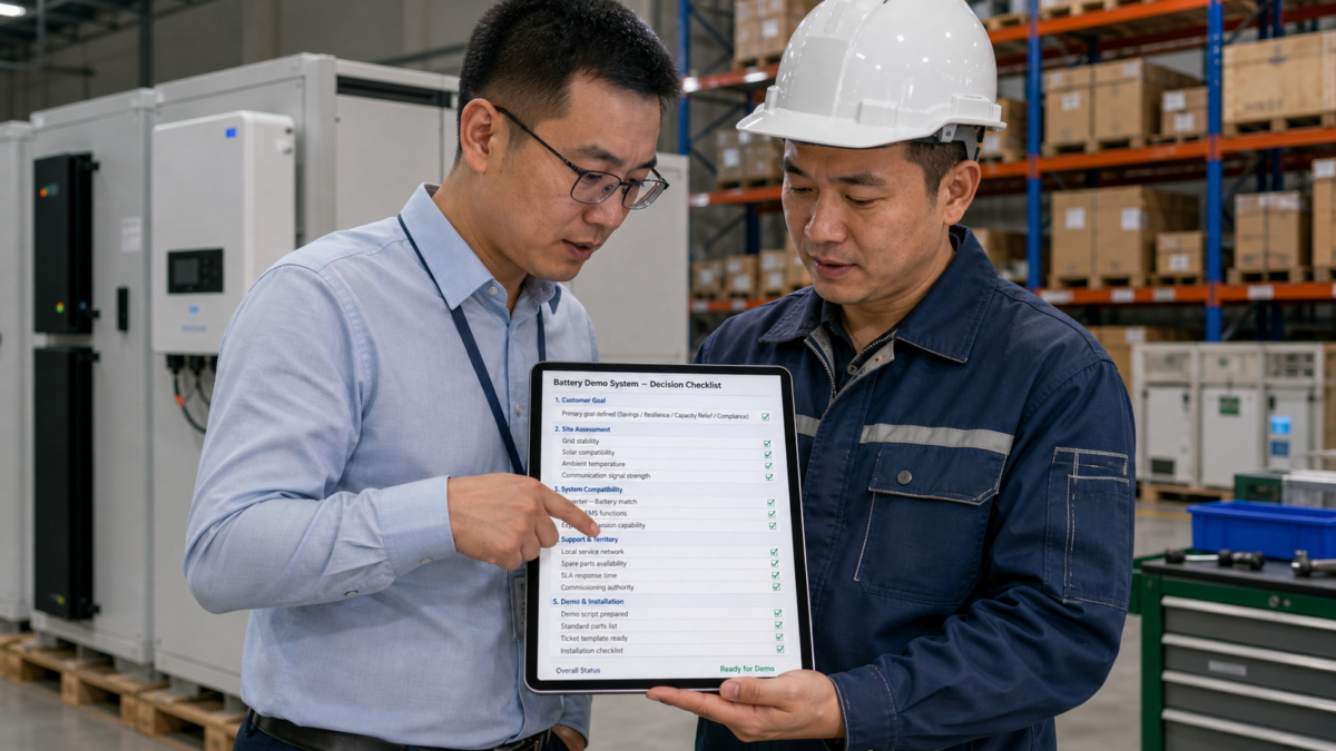 A project manager and an installer reviewing a detailed checklist on a tablet screen inside a warehouse