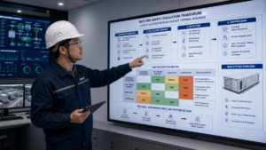 A fire safety engineer pointing to a complex BESS fire safety evaluation chart in a modern control room.