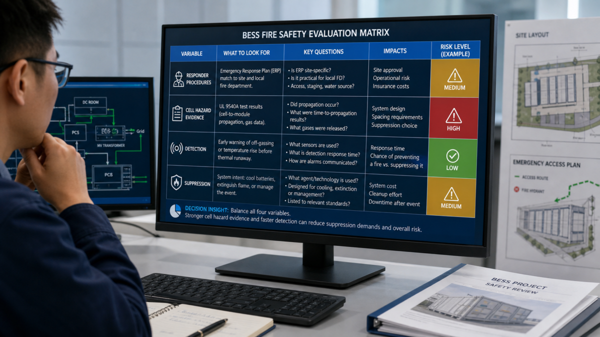 Breaking Down BESS Safety into Measurable Decision Points. A decision matrix on a digital screen comparing BESS fire safety variables like detection and suppression.