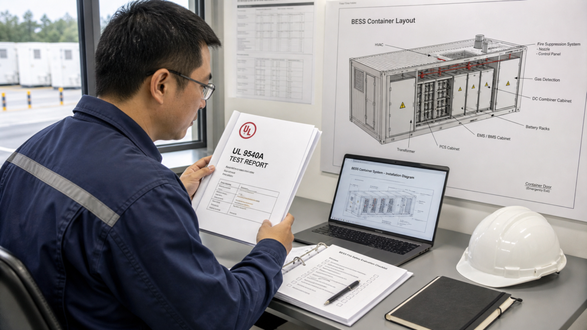The Essential Data for a BESS Fire Safety Analysis. A technician carefully reviewing a UL 9540A test report next to a BESS container installation diagram.