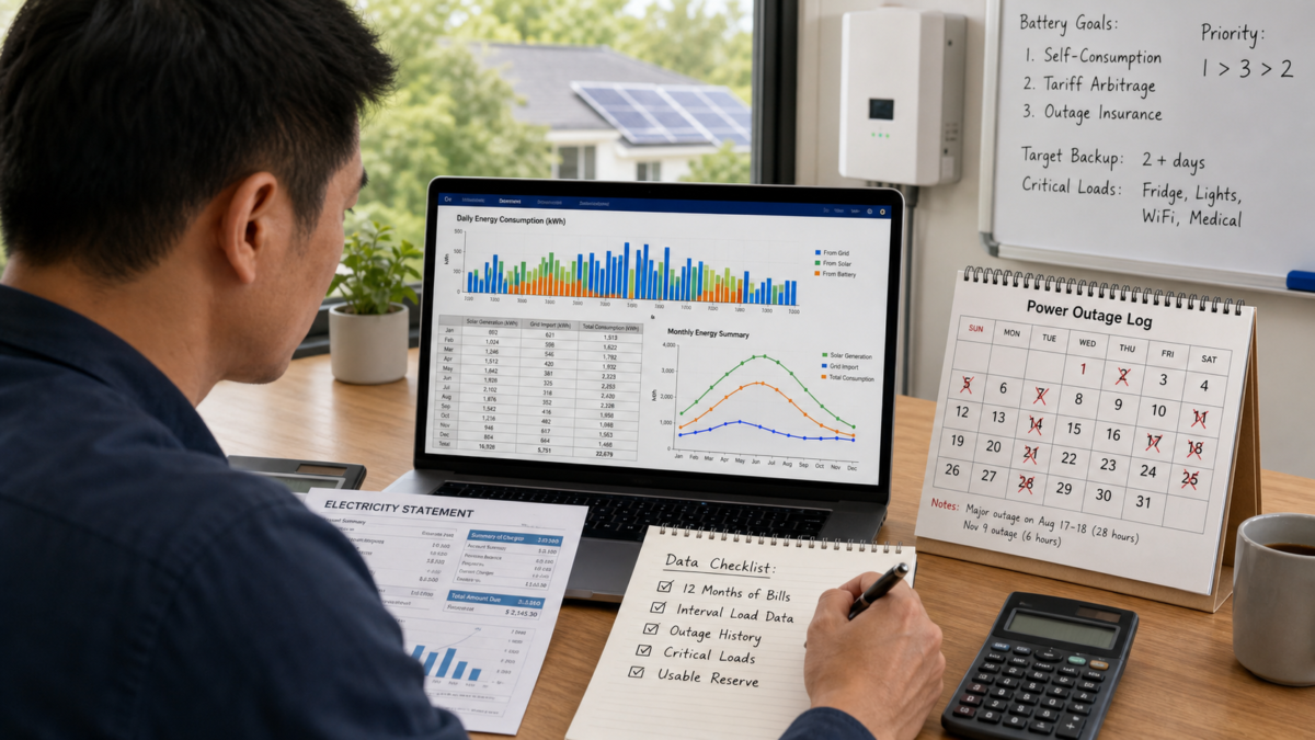 A person at a desk analyzing a spreadsheet with energy consumption graphs next to a calendar marking past power outages.