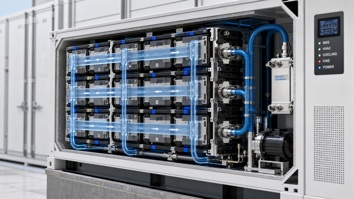 How Liquid Cooling Proactively Manages Thermal Risk in BESS. A cutaway view of a BESS module showing liquid cooling channels actively removing heat from battery cells.