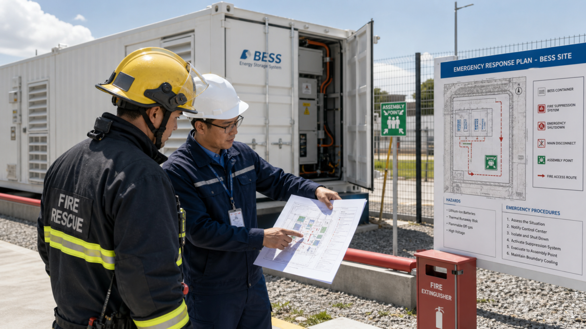 Final On-Site Verification with Emergency Responders. A first responder and an engineer conducting a walkthrough at a BESS site, reviewing the emergency plan.