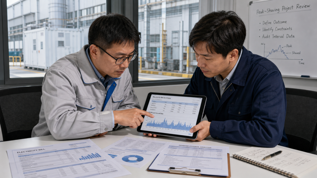 An engineer and a facility manager reviewing a factory's detailed electricity bill and interval data together on a tablet