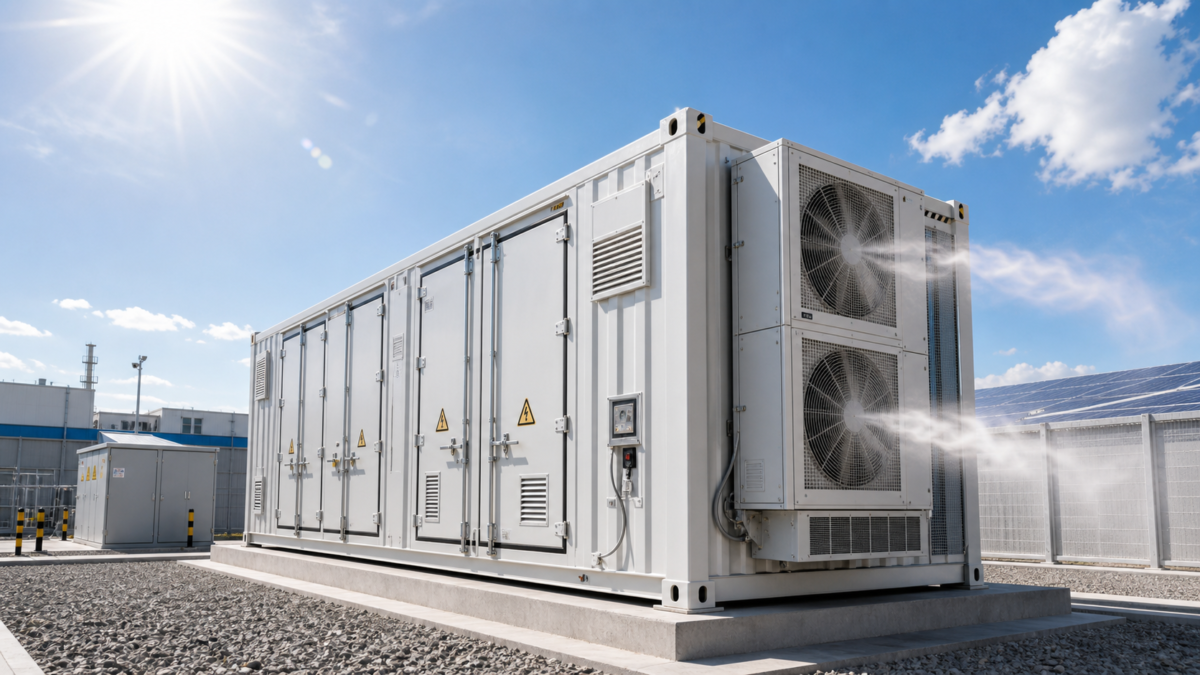 A large liquid-cooled battery energy storage container with its powerful HVAC unit actively running on a very hot day