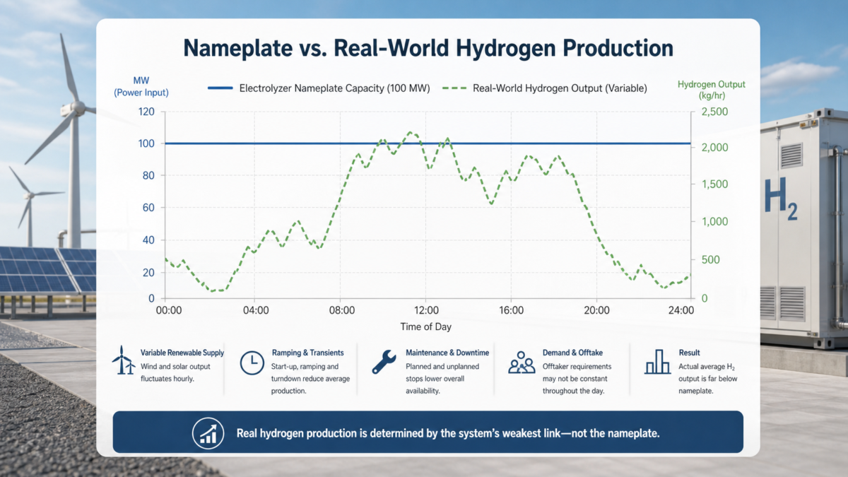 A comparative chart showing an electrolyzer's flat nameplate capacity versus its variable real-world hydrogen output