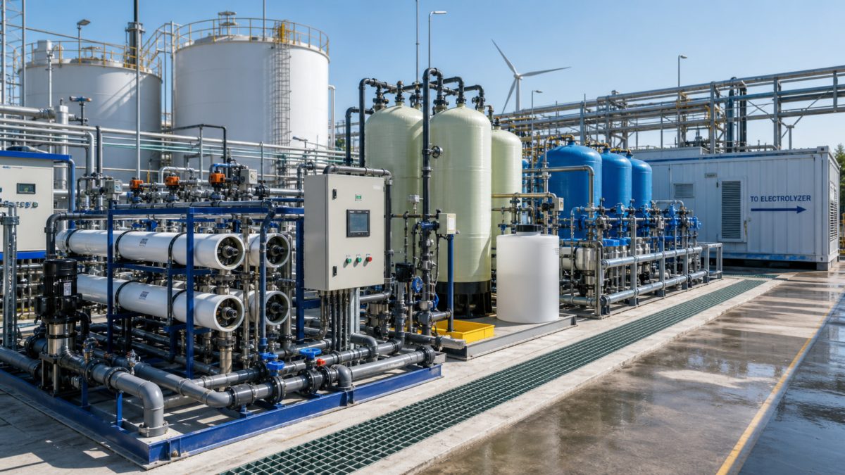 An extensive industrial water treatment facility with pipes and tanks purifying water for an electrolyzer system