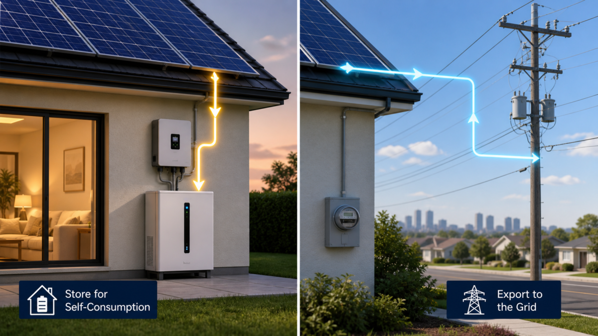 A split-screen image showing solar energy flowing into a home battery on one side, and flowing out to the grid on the other.