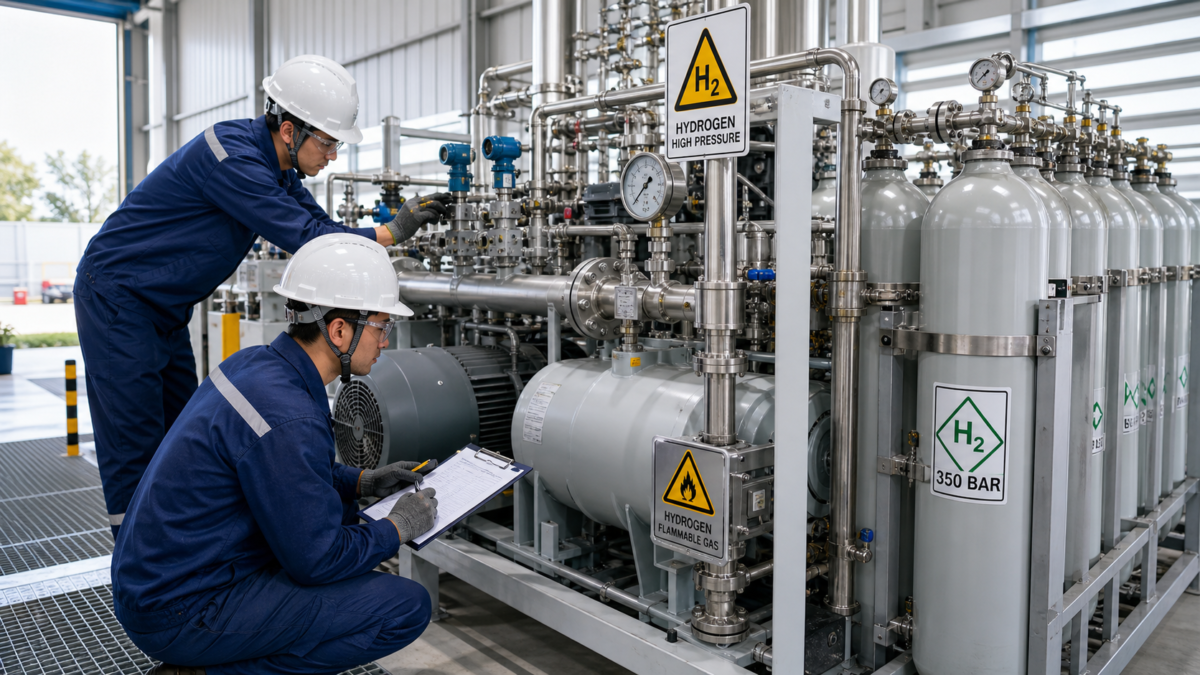 Technicians performing a safety and serviceability check on a high-pressure hydrogen compression and storage system