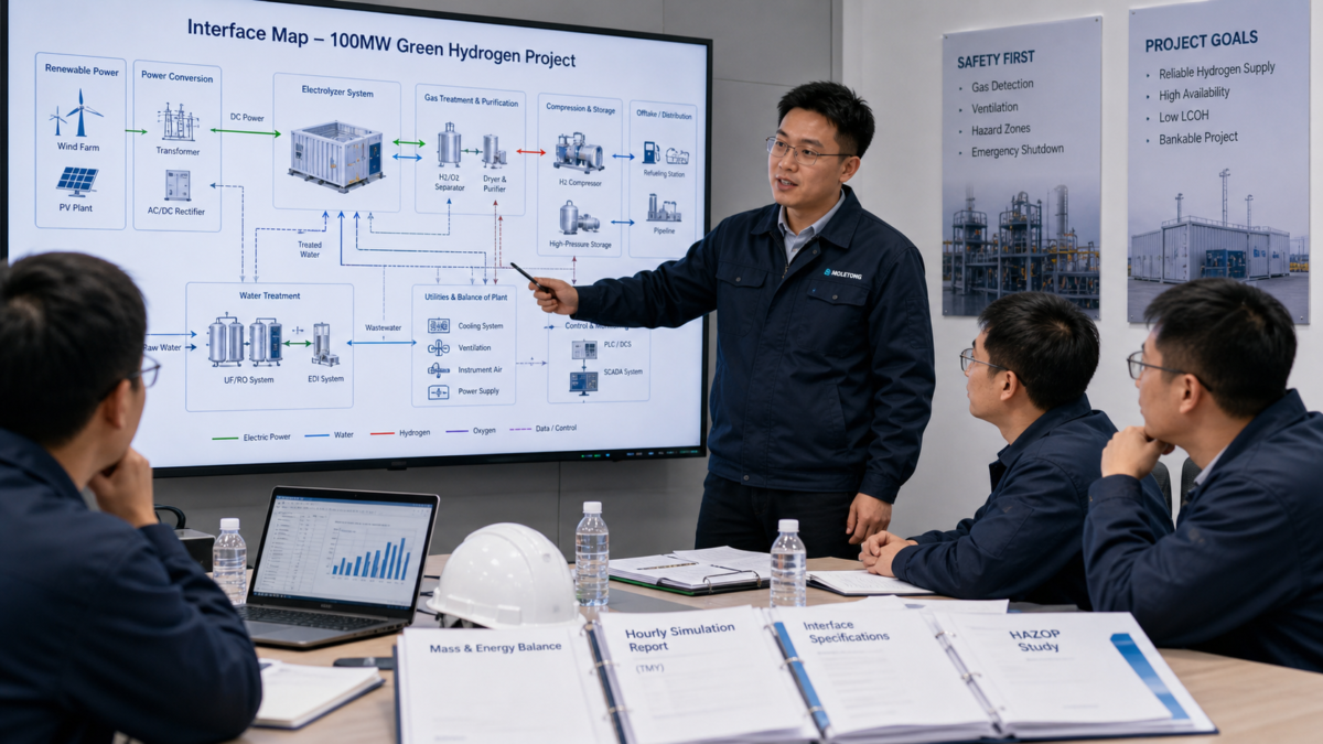 An engineer at a design review meeting pointing to an interface map for a large-scale electrolyzer project