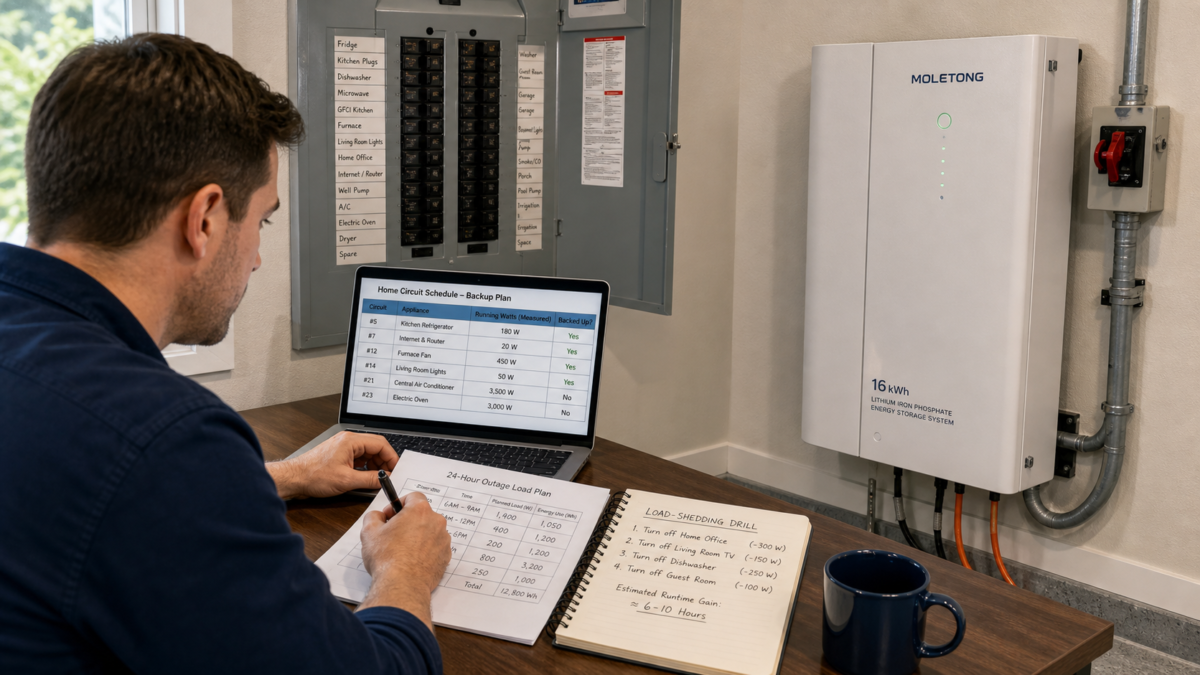 A person at a desk reviewing a home's circuit schedule next to a Moletong battery system.