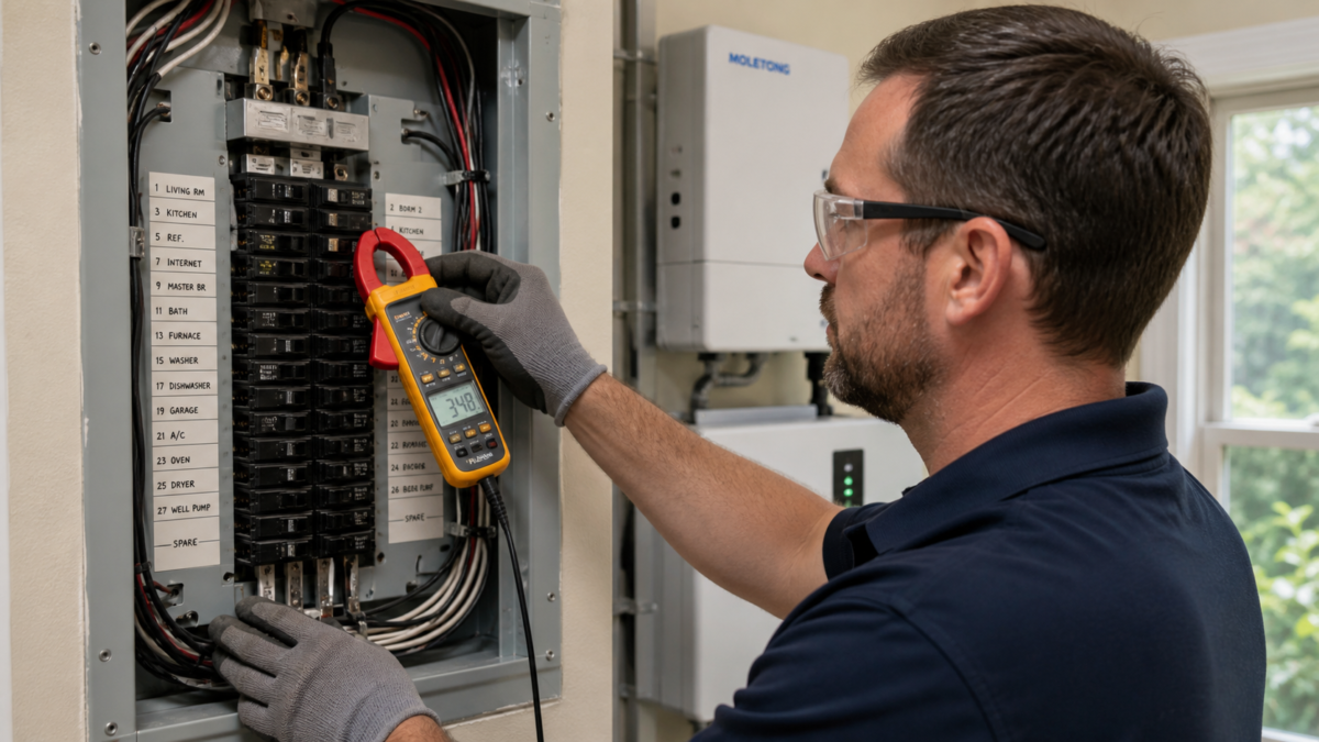 A technician using a clamp meter to measure the actual power draw at a home electrical panel.