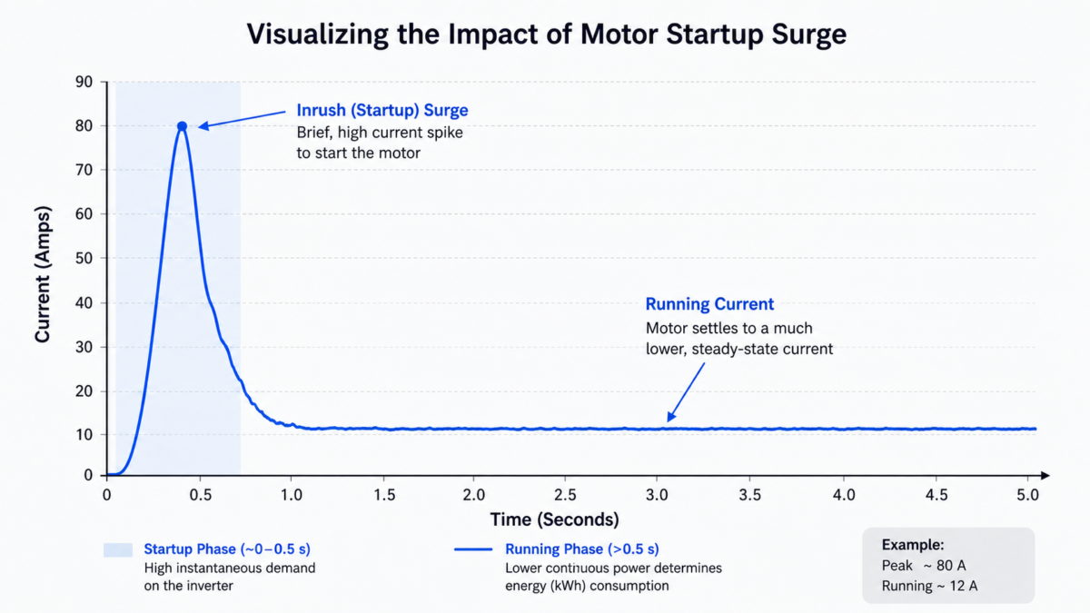 A graph showing a sharp spike of inrush current before settling at a lower running wattage.