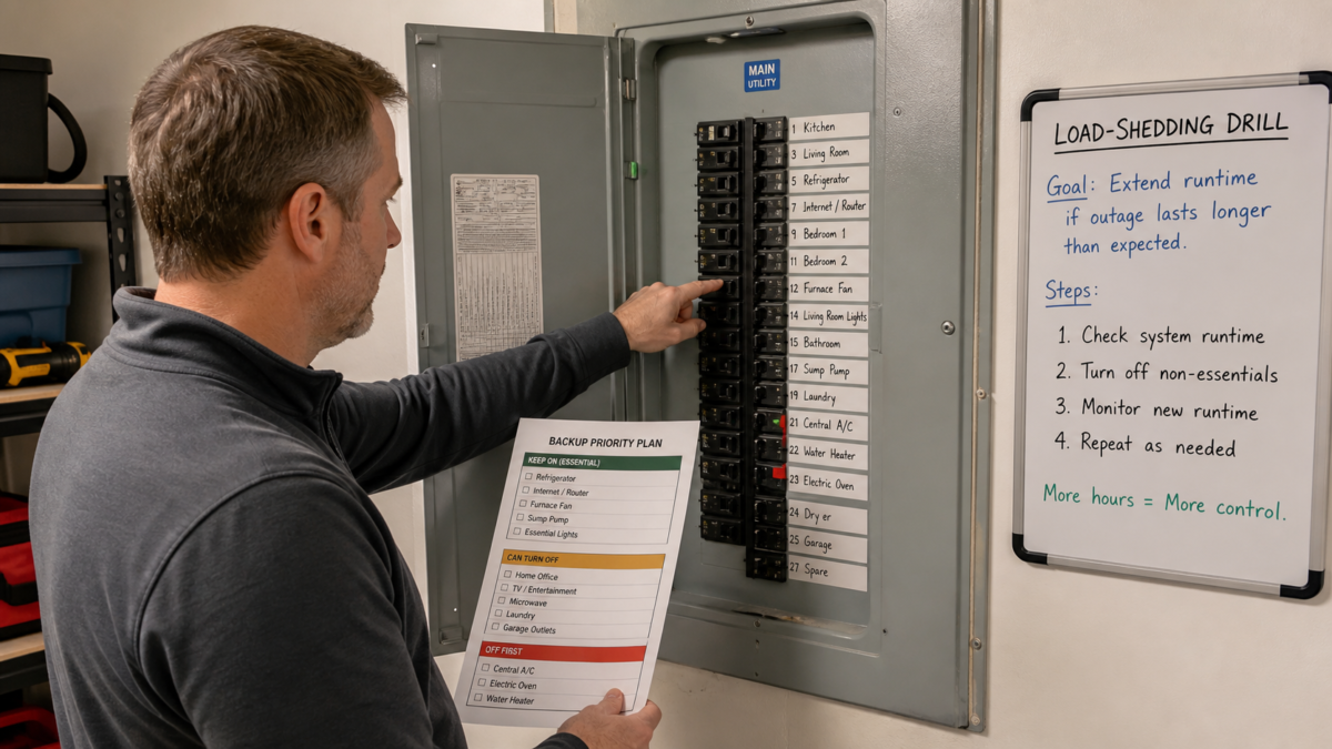 A homeowner at their clearly labeled circuit breaker panel, practicing which switches to turn off.