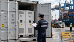 A shipping container with energy storage systems being inspected by a customs officer at a busy port.