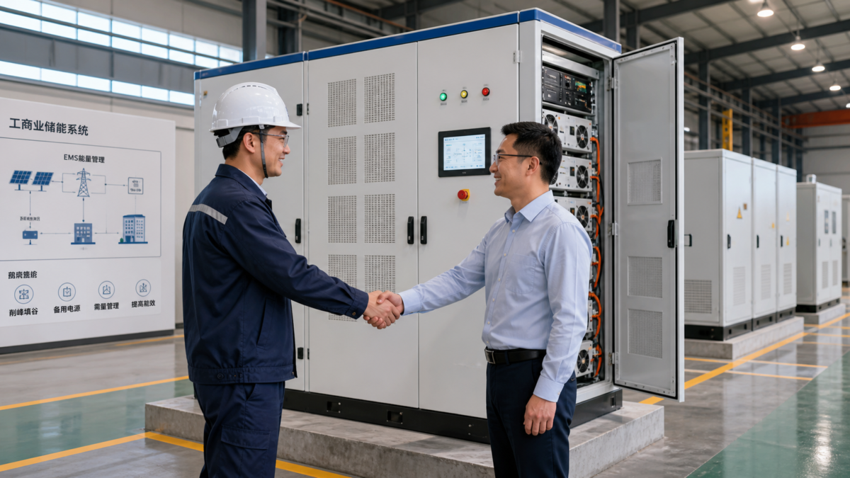 An engineer and a client shaking hands in front of a newly installed commercial energy storage cabinet in a factory.