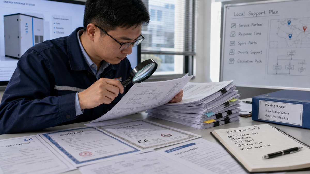 A person carefully reviewing a stack of technical documents and certificates for a battery system with a magnifying glass.