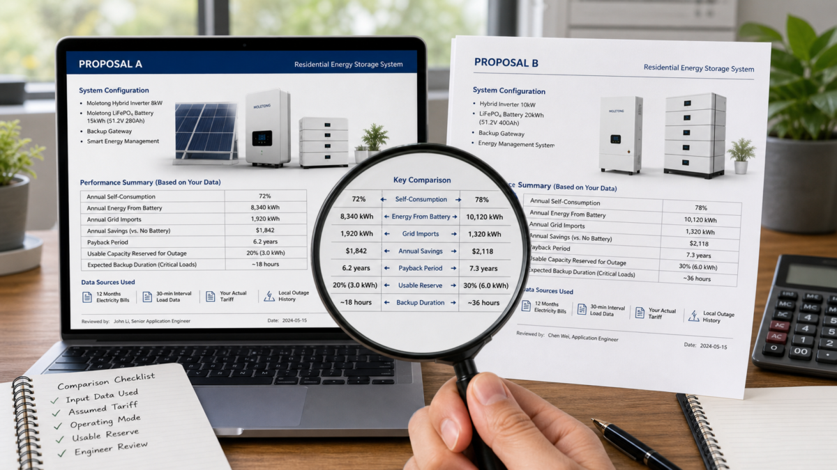 Two different battery system proposals side-by-side, with a magnifying glass highlighting the key technical specifications and performance data.