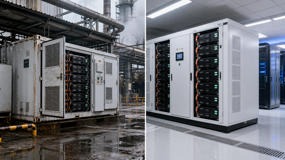 A split image showing a battery system in a harsh industrial setting versus a clean, controlled data center environment.