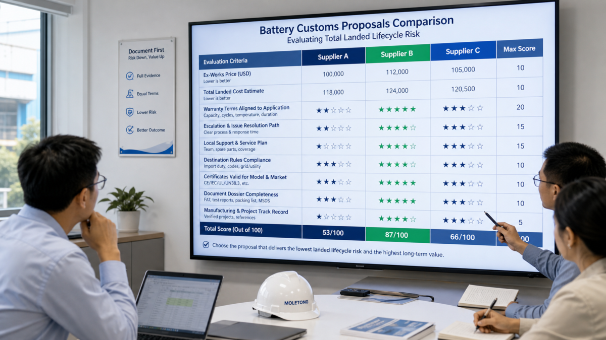 A comparison chart on a large digital screen showing checklists and scores for different battery supplier proposals.