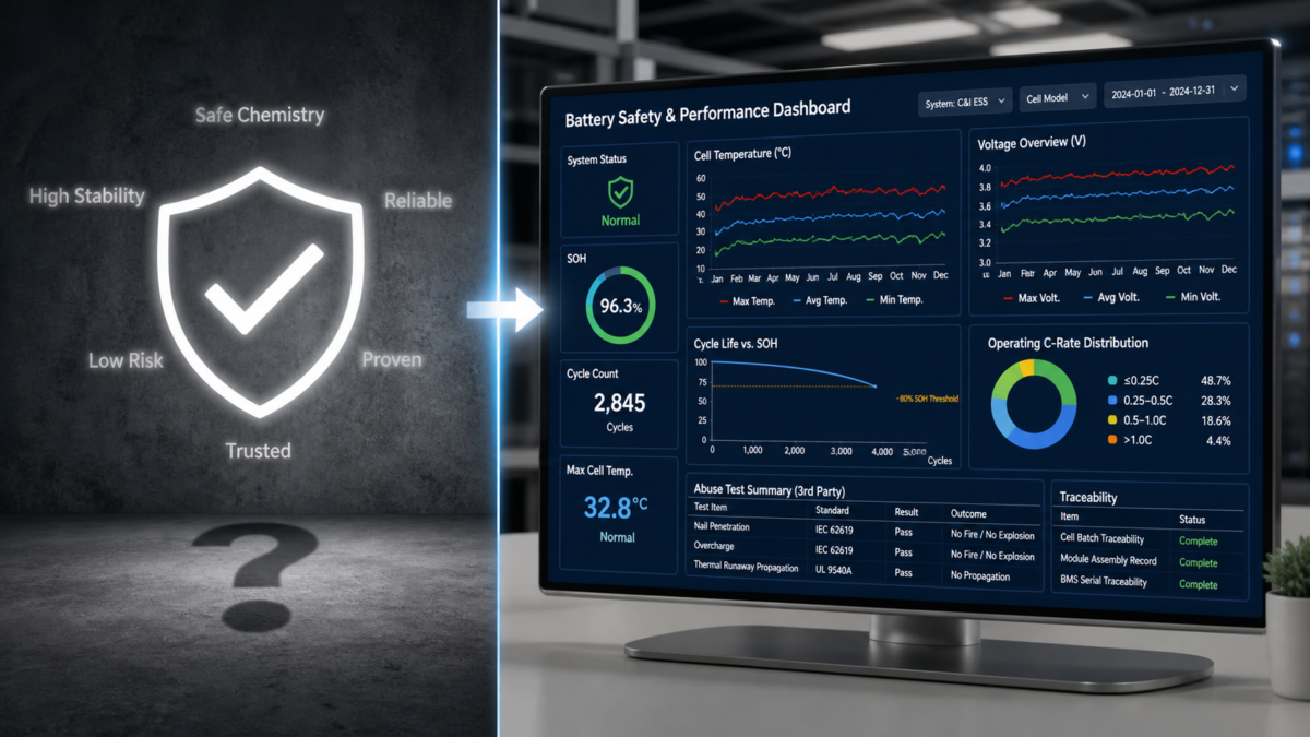 A split image showing an abstract safety icon versus a detailed data dashboard with charts and graphs.