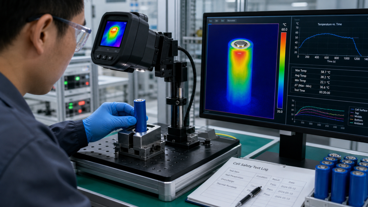 A close-up of a technician examining a battery cell with advanced thermal imaging equipment in a lab.