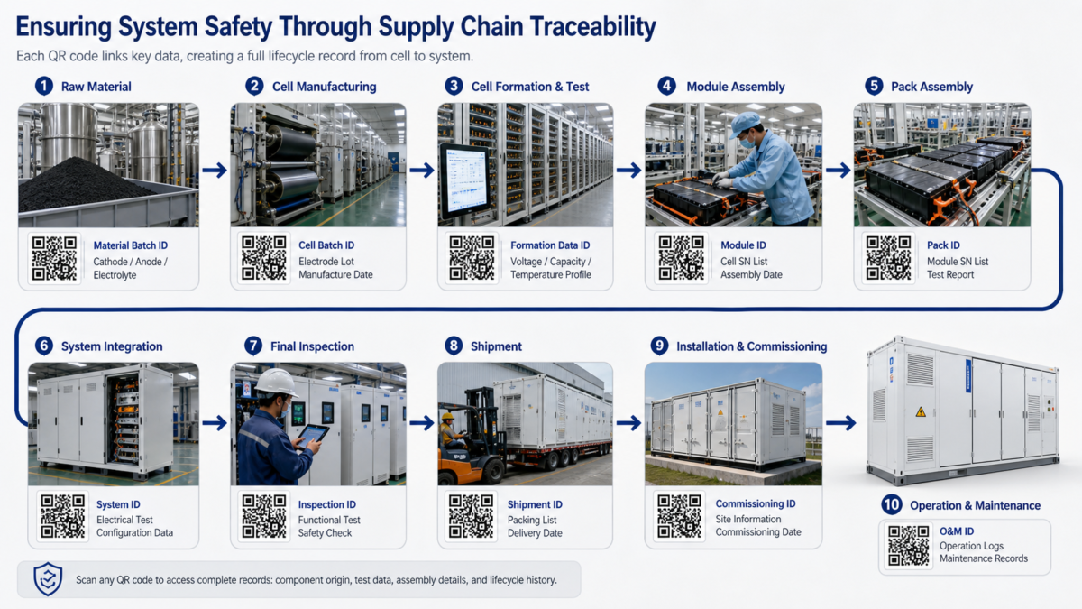 A flowchart showing the journey of a battery cell with QR codes at each manufacturing and assembly stage.