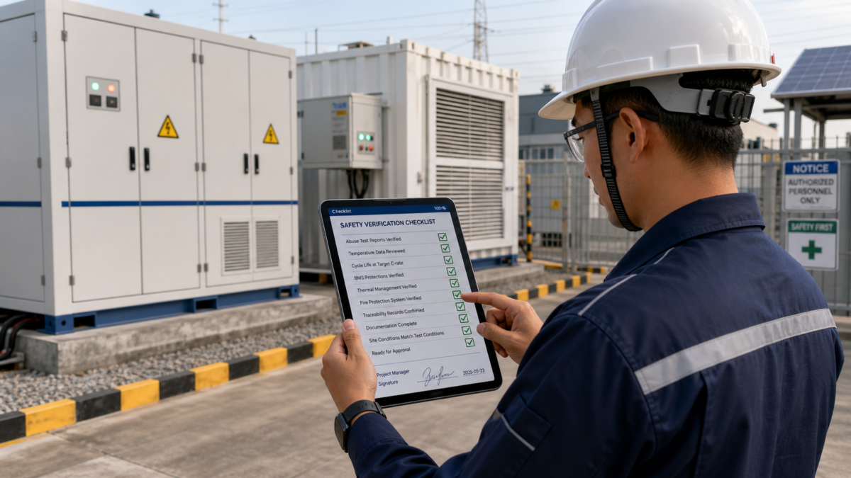 A project manager on-site ticking off items on a digital safety checklist on a tablet.