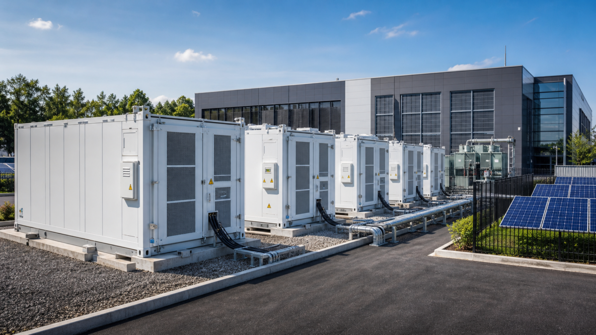 A row of large battery storage containers connected to a modern data center building with solar panels