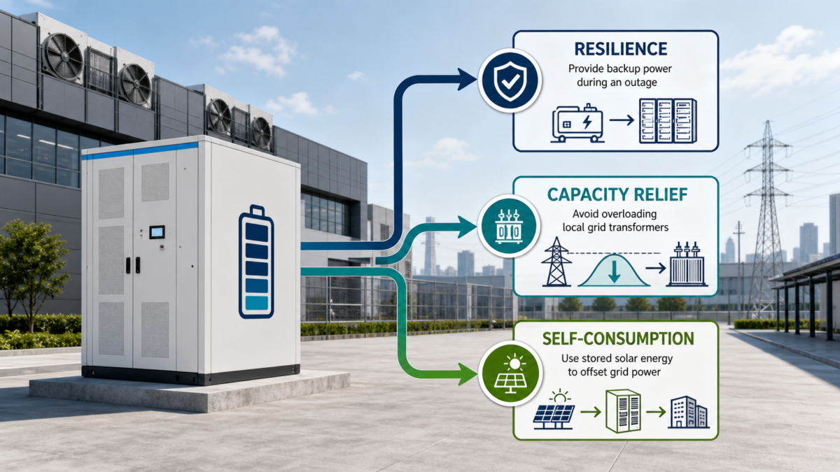 A diagram showing separate streams for resilience, capacity relief, and self-consumption flowing from a central battery icon
