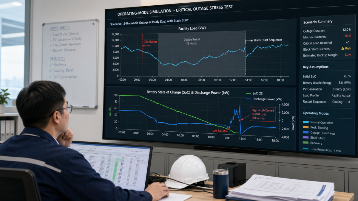 An engineer analyzing a complex operating-mode simulation on a large screen showing facility load and battery discharge curves