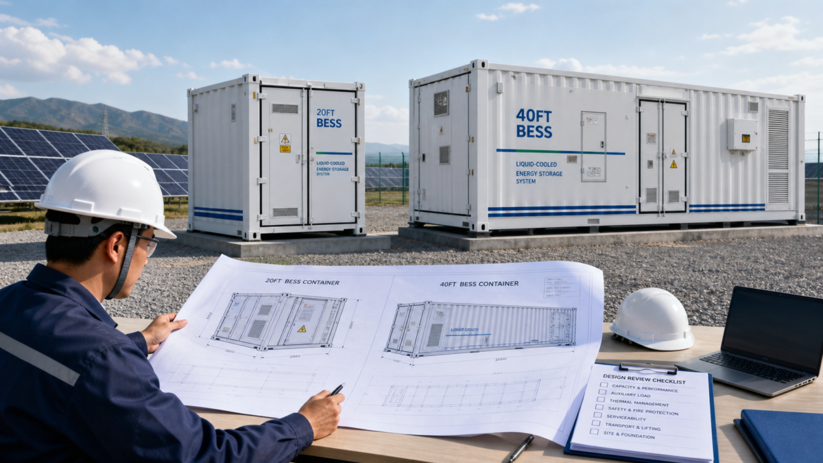 Engineer comparing blueprints for a 20ft and a 40ft BESS container at an outdoor project site