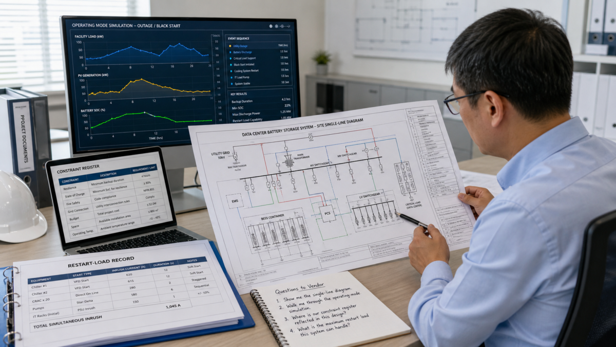 A project manager reviewing a detailed site single-line diagram for a data center battery storage installation