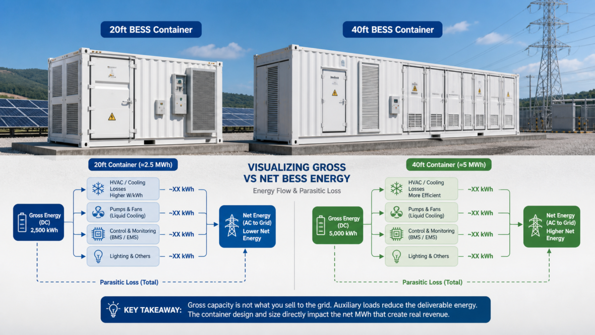 Side-by-side view of a 20ft and 40ft BESS container with energy flow diagrams showing parasitic loss