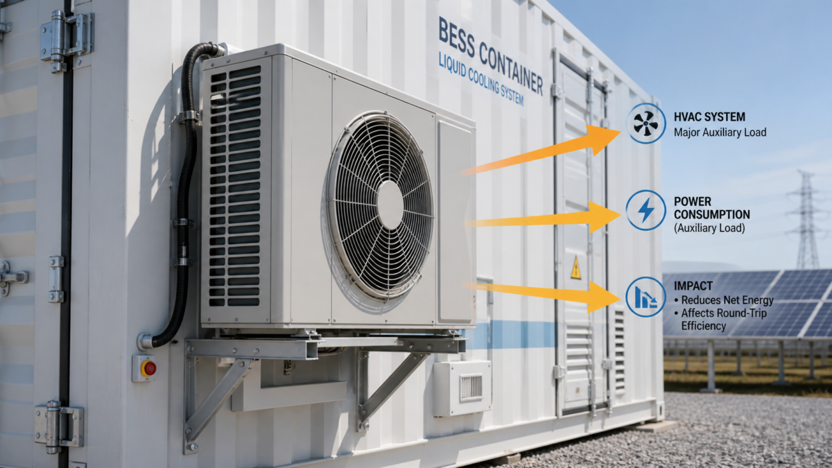 Close-up of an industrial HVAC unit on a BESS container with arrows indicating energy consumption