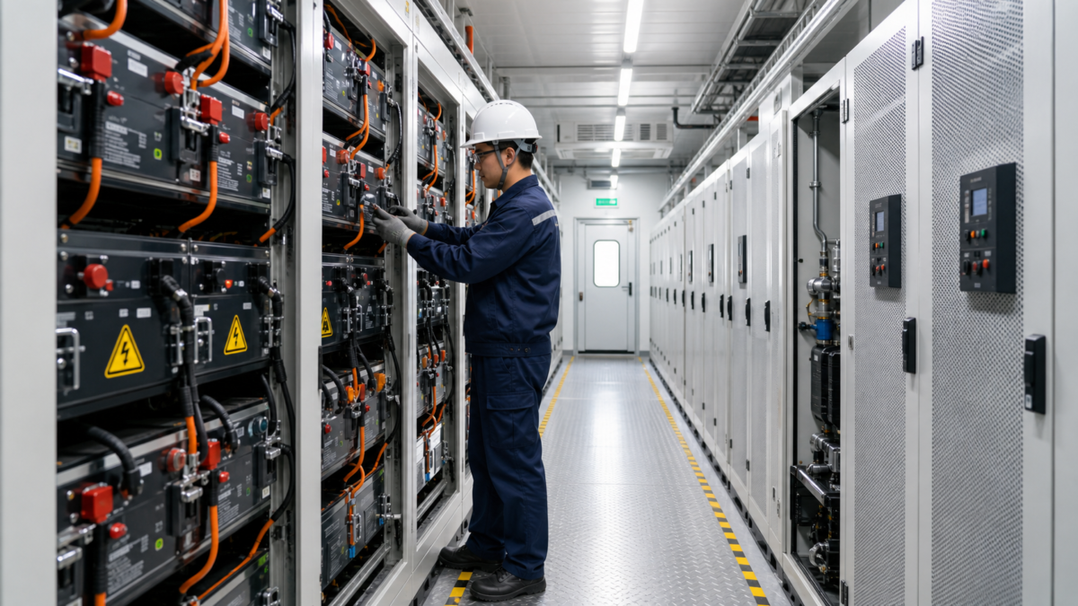 Technician easily servicing battery racks inside a spacious 40ft BESS container with clear access aisles