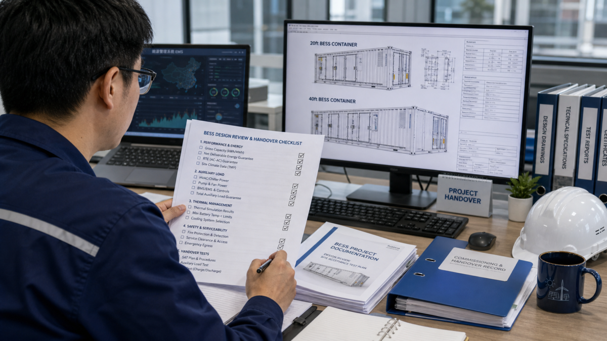 Engineer at a desk reviewing a BESS design document with a checklist during project handover phase