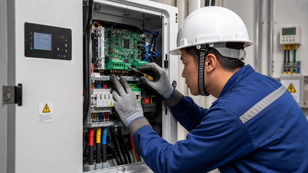 Key Inputs for Zero Export System Scrutiny An engineer closely inspecting a solar inverter's control panel and wiring for a zero export system