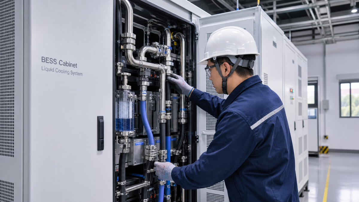 A technician inspecting the liquid cooling pipes on a modern commercial BESS cabinet in a clean industrial facility.