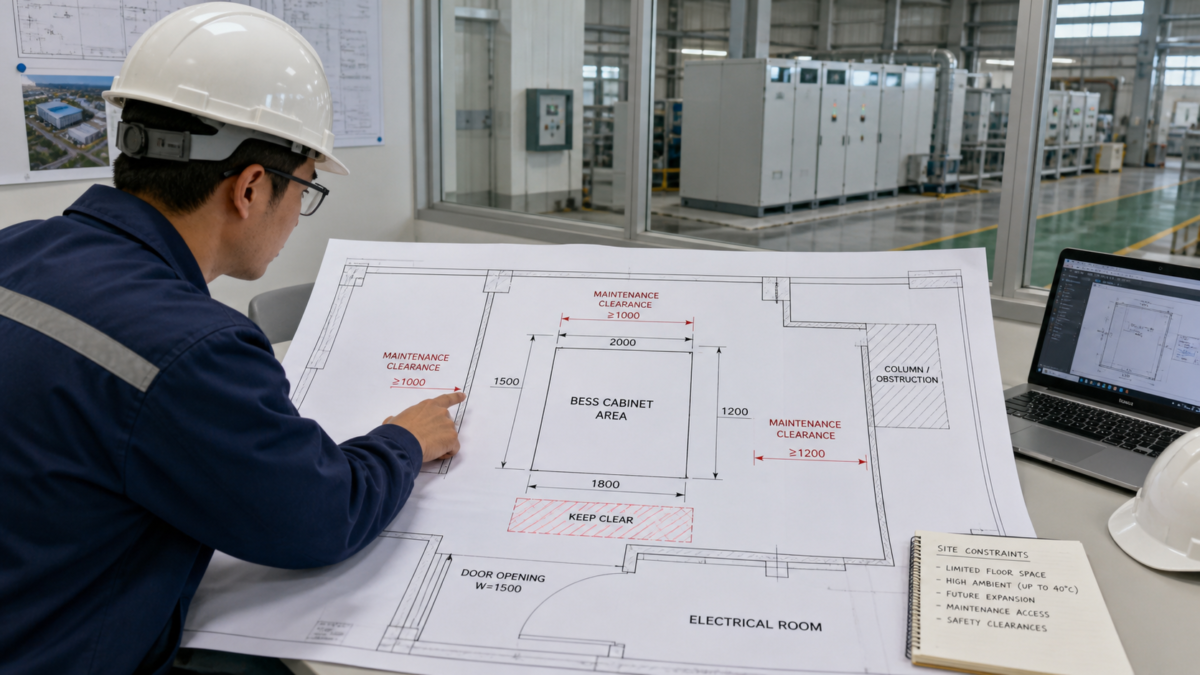 An engineer pointing to a blueprint showing tight space constraints for a BESS installation in a factory.