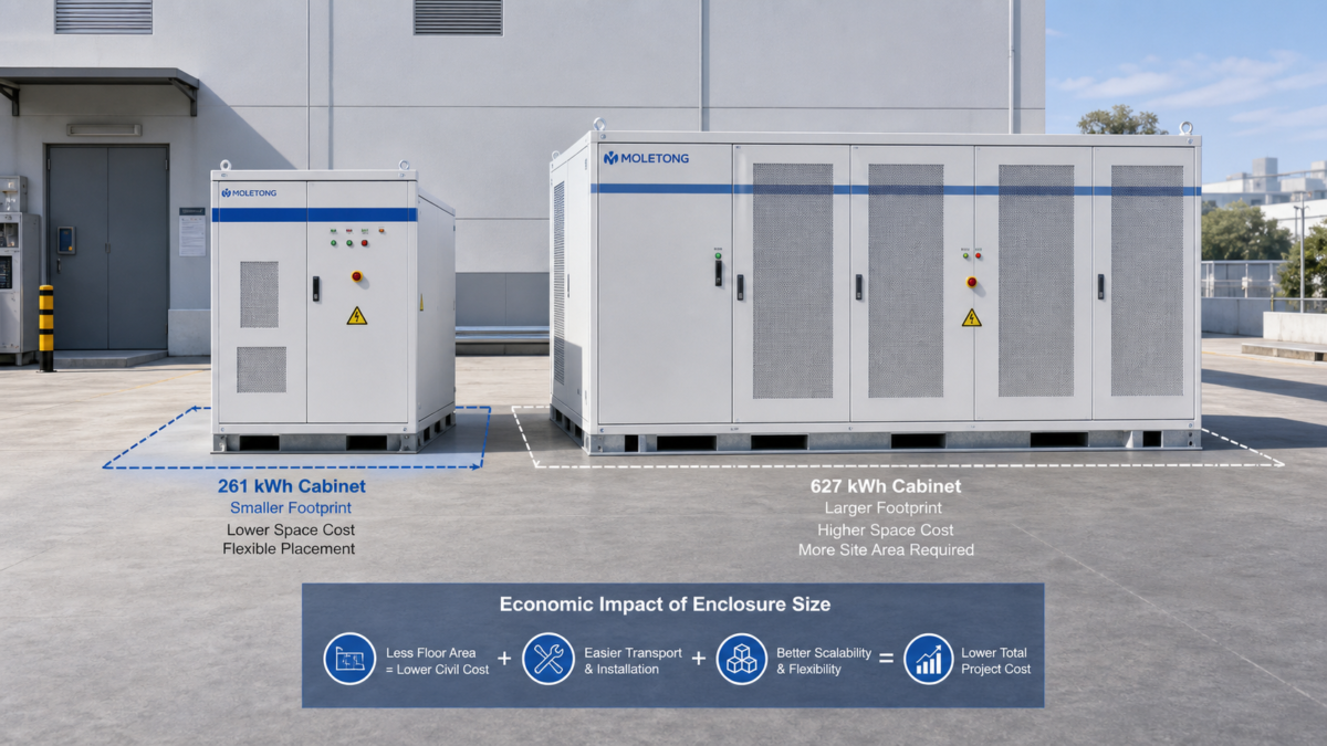 Two different-sized Moletong BESS cabinets with their floor footprints outlined to show the economic impact of space.