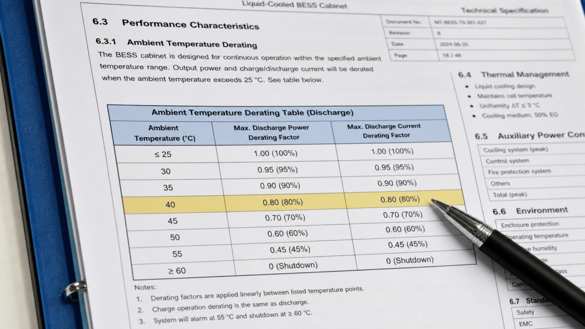 A close-up of a BESS technical specification sheet, highlighting the ambient temperature derating table for clear evaluation.