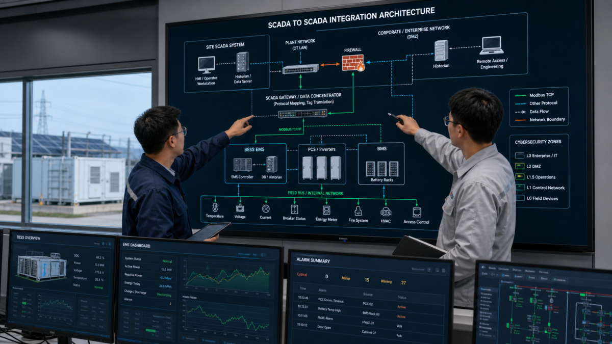 Two engineers pointing at a complex SCADA network diagram on a large screen in a control room