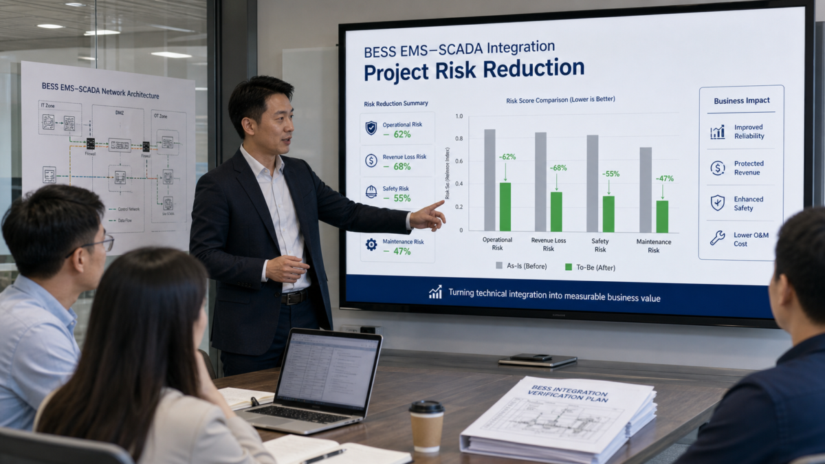 A manager presenting a business case graph showing project risk reduction on a boardroom monitor