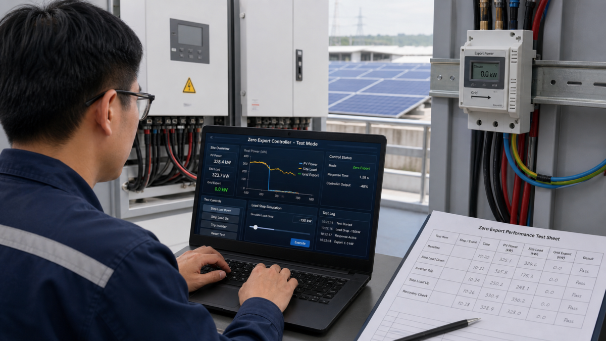 How to Performance-Test a Zero Export System A technician using a laptop to simulate load changes on a solar plant's zero export controller