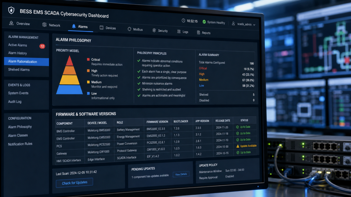 A close-up of a network cybersecurity dashboard showing alarm philosophy and firmware version numbers