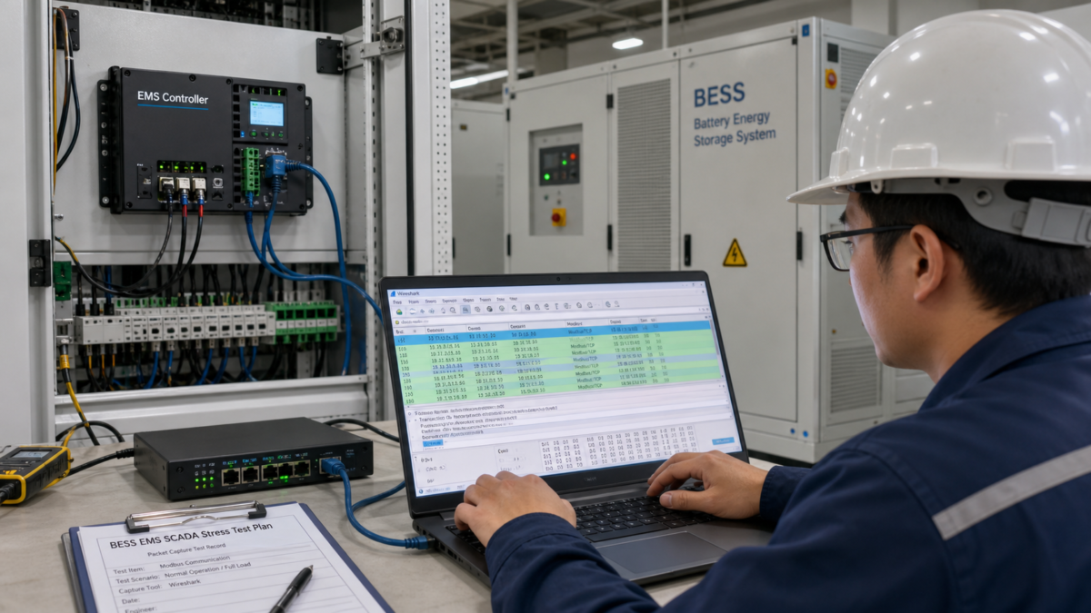 An engineer using a laptop to perform a packet capture test on a BESS EMS controller