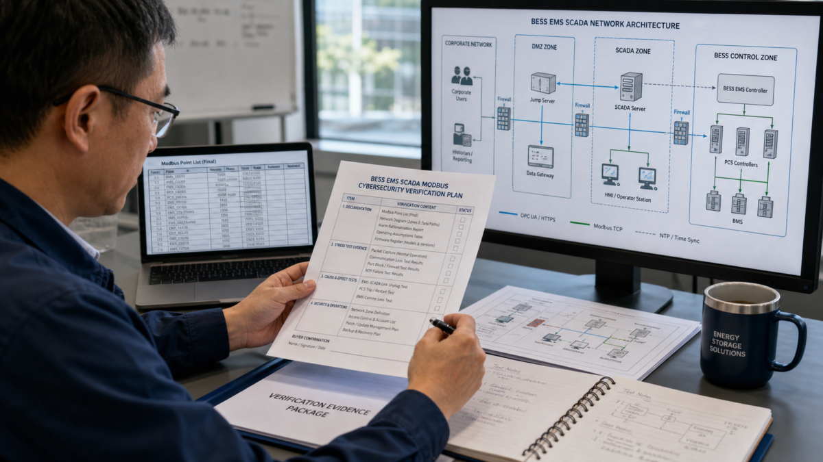 A project manager reviewing a detailed BESS verification checklist and a network diagram