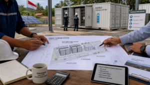 A detailed project blueprint for an energy storage system laid out on a table in Indonesia.
