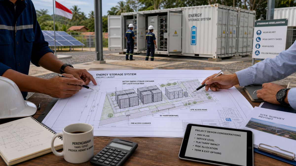 Visualizing the Project Design Implications of Battery Storage A detailed project blueprint for an energy storage system laid out on a table in Indonesia.